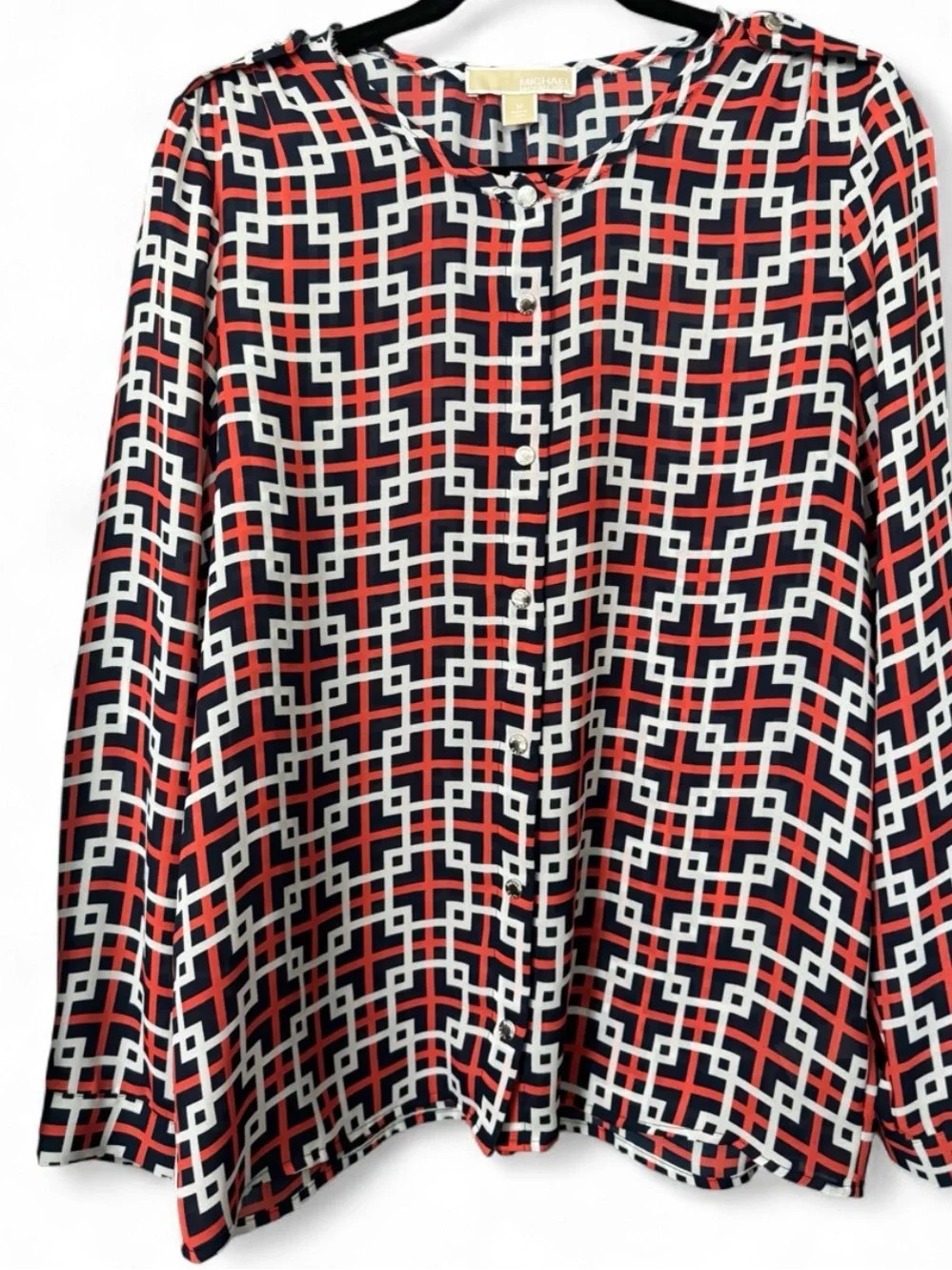 Michael Kors Navy Red White Geometric Button-Front Blouse